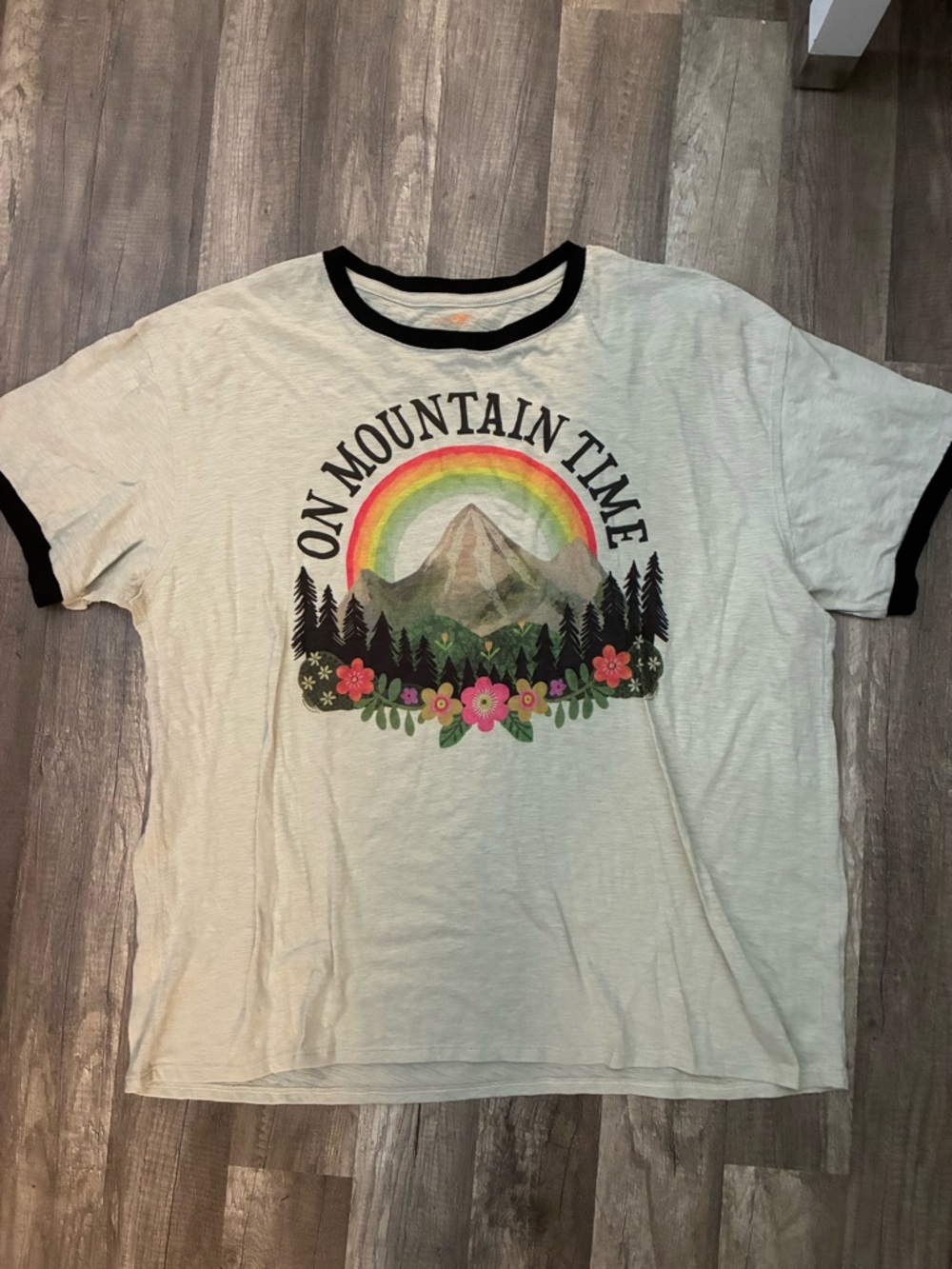 NATURAL LIFE White Ringer Tee with Rainbow & Mountain Graphic
